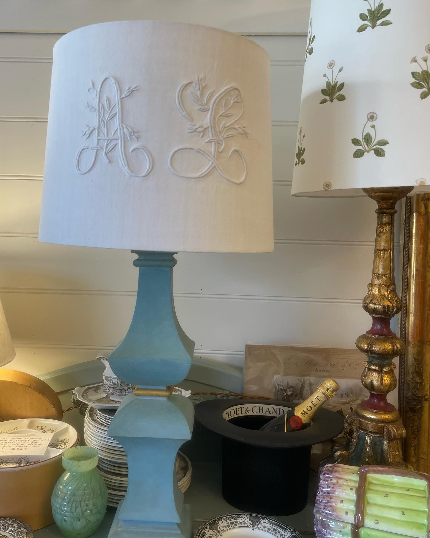 Antique French Linen 'AL' Monogrammed lampshade