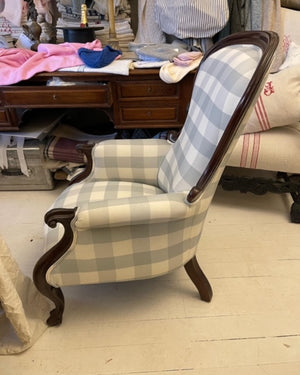 Antique Victorian English Linen Blue Gingham Armchair