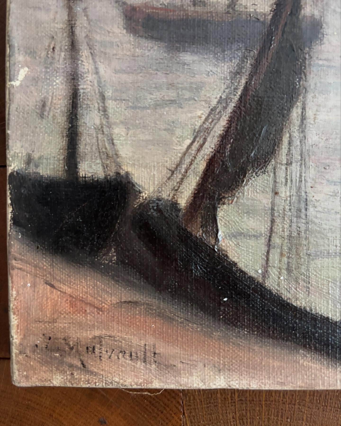 Vintage French River Town Scene Painting