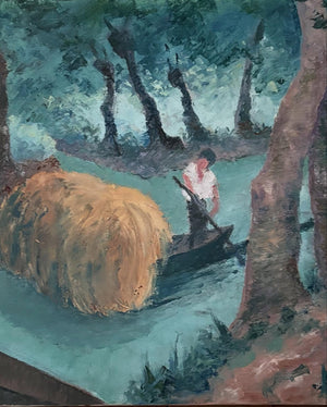 Vintage French River Boating Scene Painting