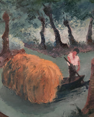 Vintage French River Boating Scene Painting