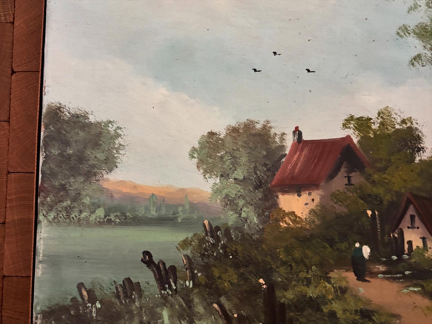 Vintage French Rural Village Scene Painting