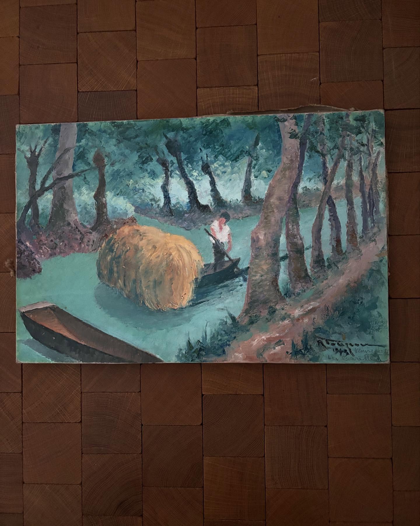 Vintage French River Boating Scene Painting