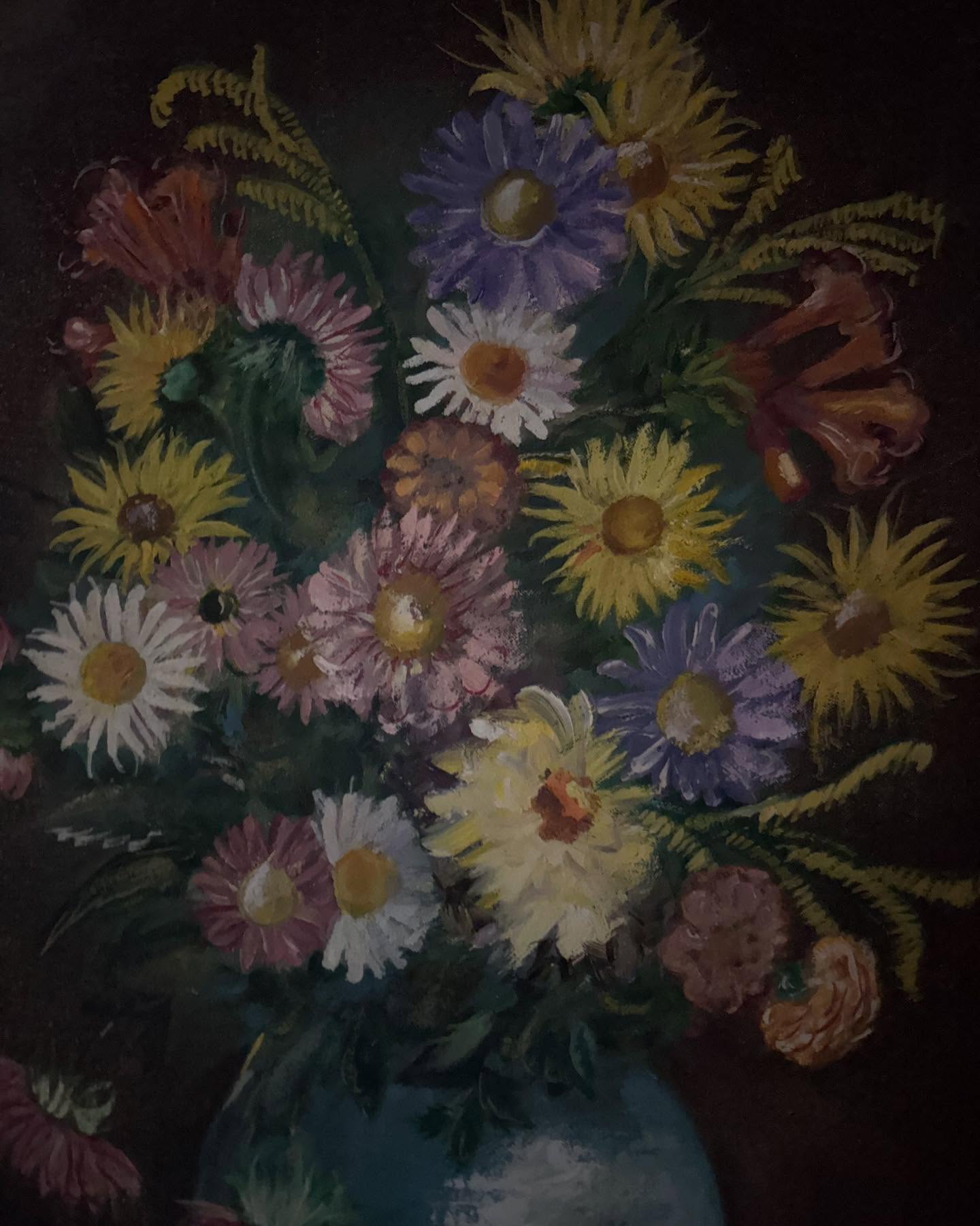 Vintage French Pretty Pastal Pink Daisy Floral Painting