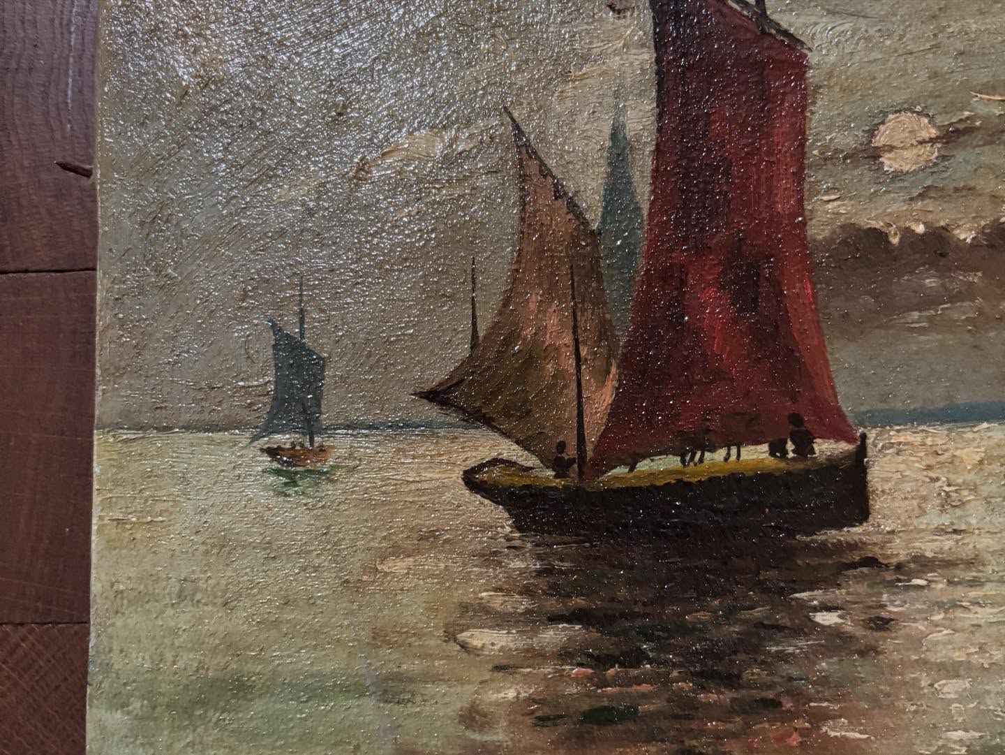 Vintage French Rural Boating Scene Painting