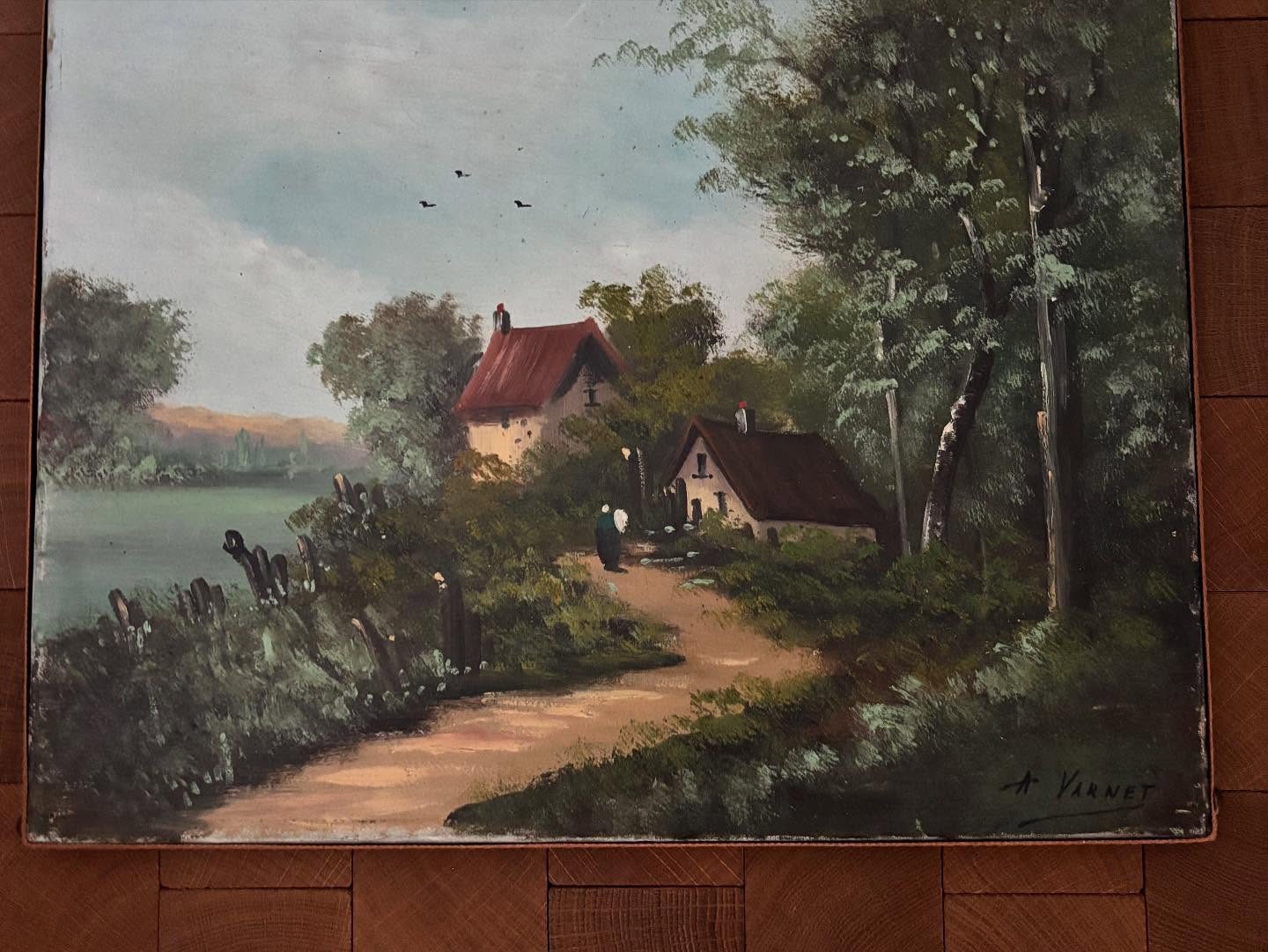 Vintage French Rural Village Scene Painting