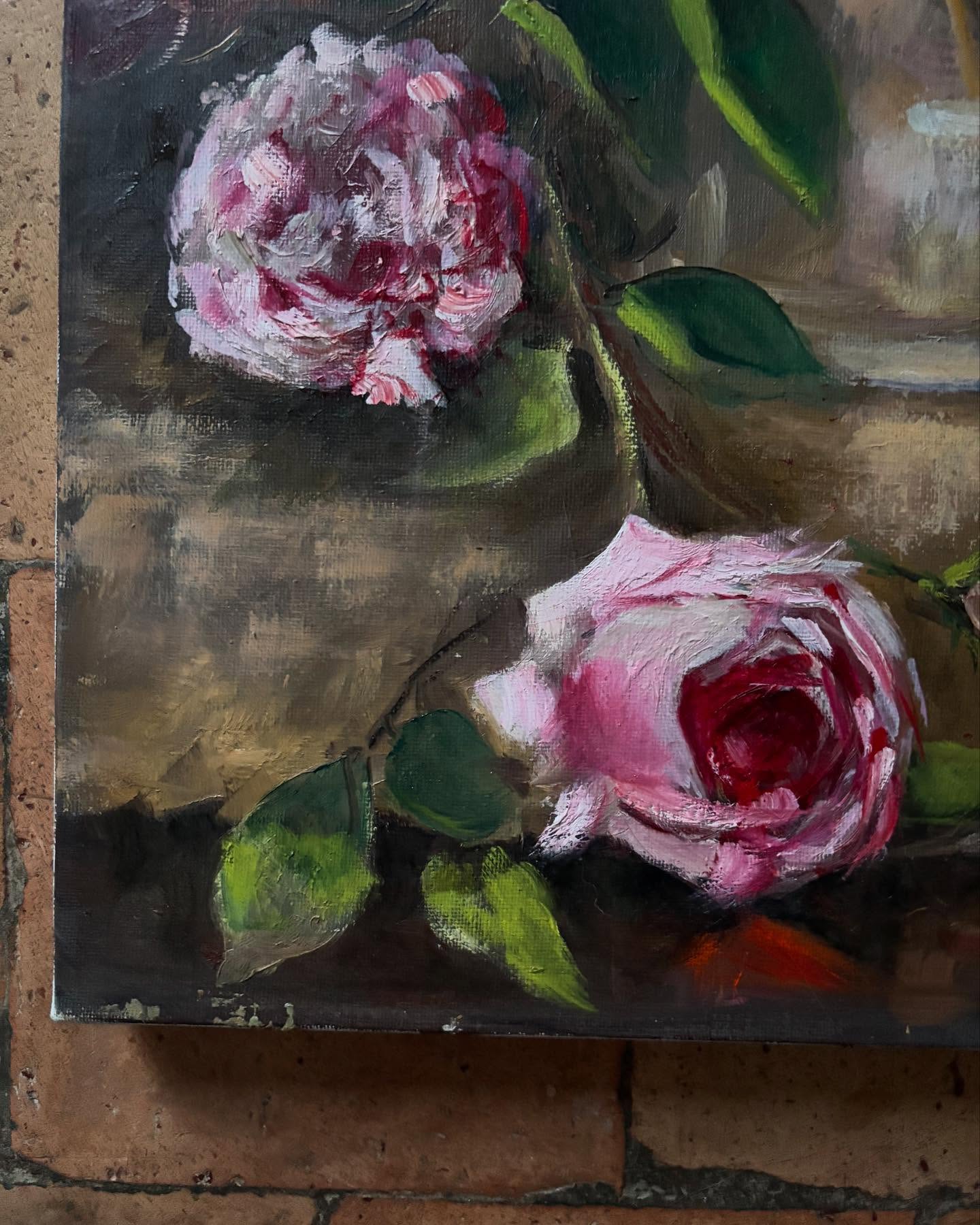 Vintage French Pretty Pink Rose Painting