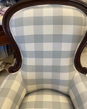 Antique Victorian English Linen Blue Gingham Armchair