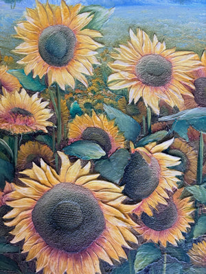 Vintage French Sunflowers oil painting on canvas mounted on timber frame