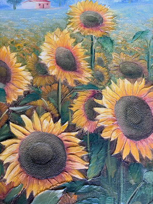 Vintage French Sunflowers oil painting on canvas mounted on timber frame
