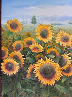 Vintage French Sunflowers oil painting on canvas mounted on timber frame