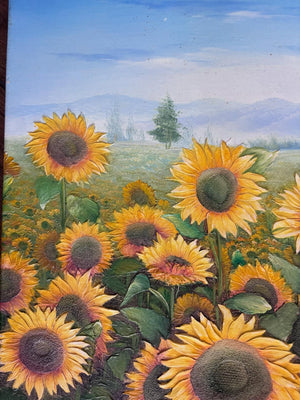 Vintage French Sunflowers oil painting on canvas mounted on timber frame