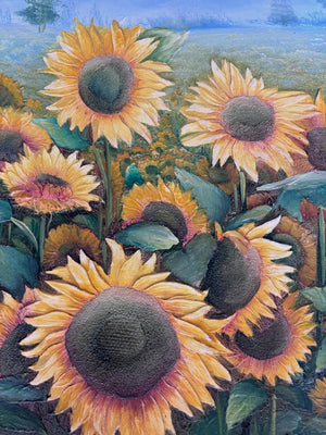 Vintage French Sunflowers oil painting on canvas mounted on timber frame