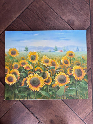 Vintage French Sunflowers oil painting on canvas mounted on timber frame