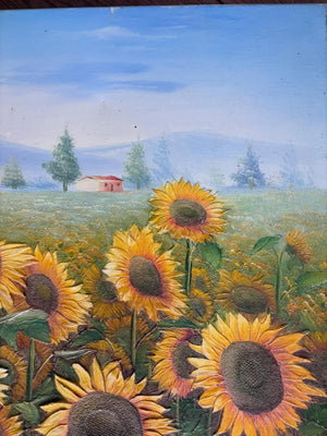 Vintage French Sunflowers oil painting on canvas mounted on timber frame