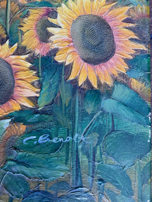 Vintage French Sunflowers oil painting on canvas mounted on timber frame