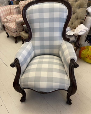 Antique Victorian English Linen Blue Gingham Armchair