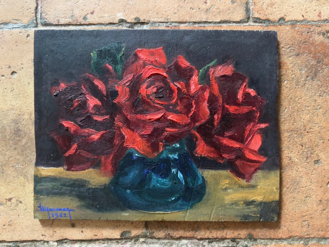 Vintage French Red Rose Painting