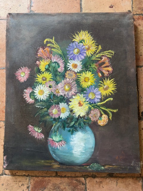 Vintage French Pretty Pastal Pink Daisy Floral Painting
