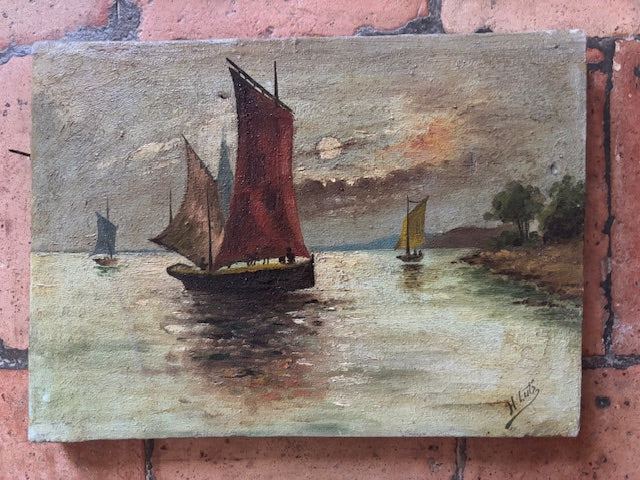 Vintage French Rural Boating Scene Painting