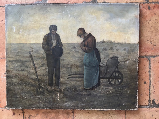 Vintage French Rural Farming Scene Painting