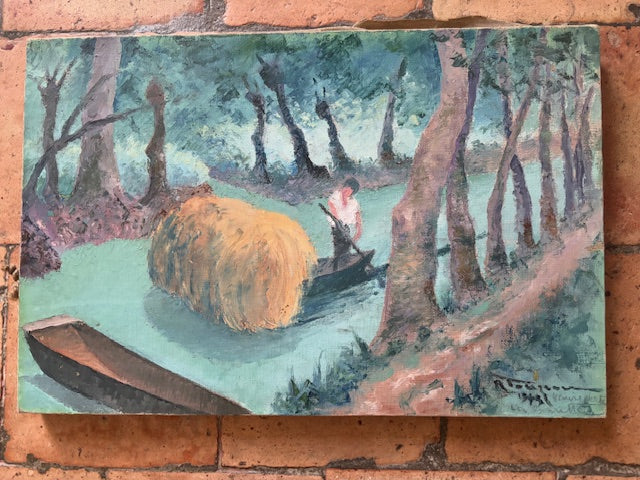 Vintage French River Boating Scene Painting