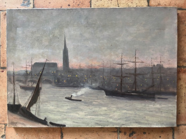 Vintage French River Town Scene Painting