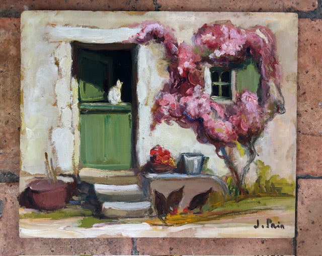 Vintage French Rural Doorstep with Cat Scene Painting