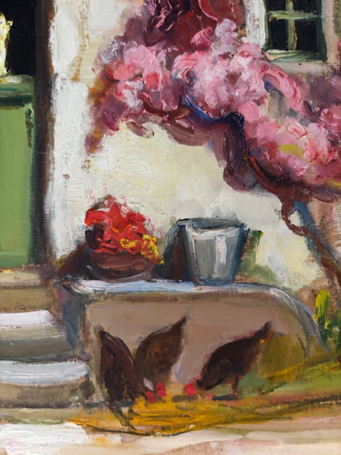 Vintage French Rural Doorstep with Cat Scene Painting