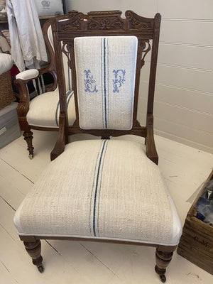 LF Monogrammed Antique Hungarian Grainsack Linen Victorian Chair