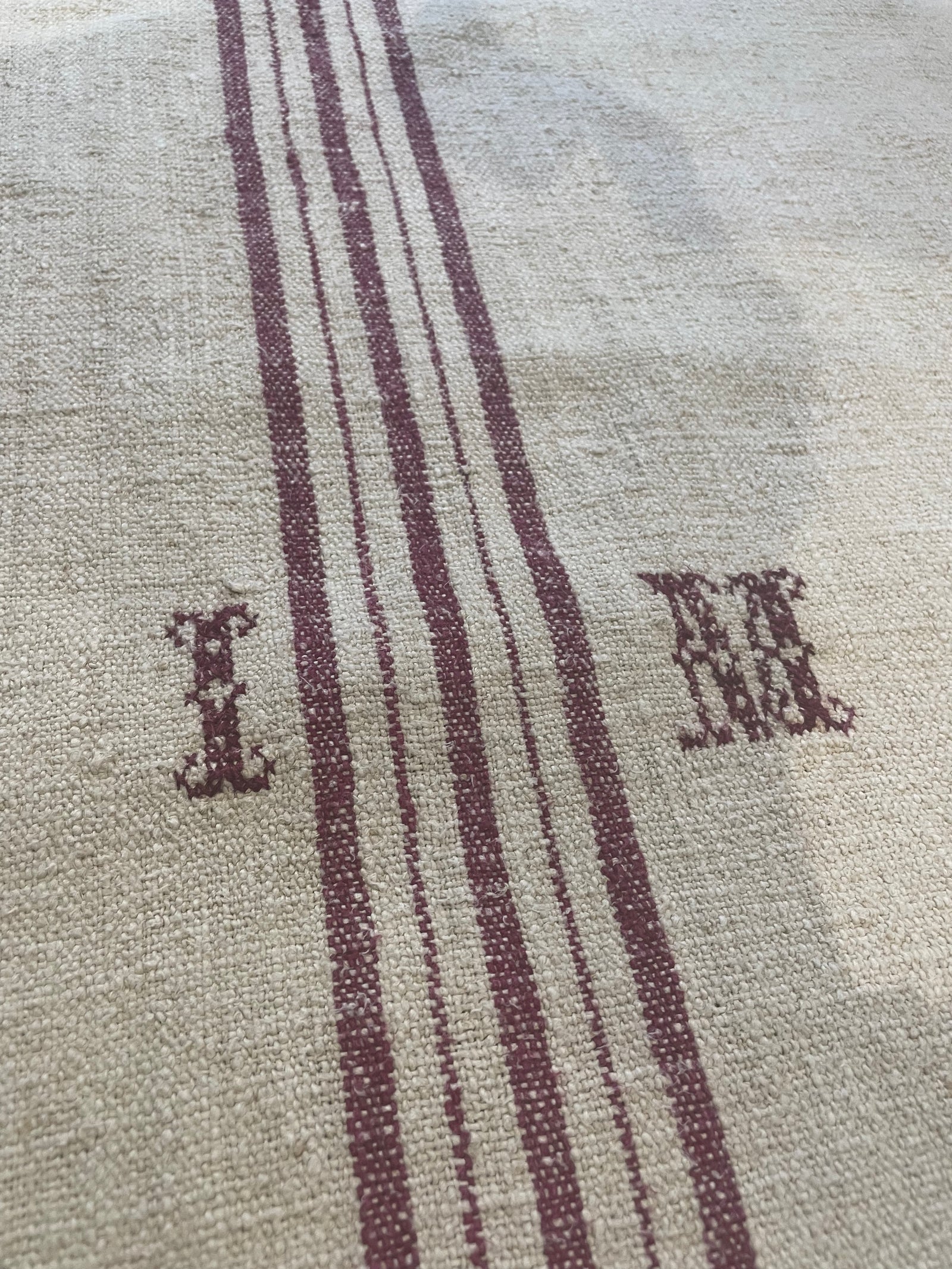 6 Red Stripe IM Monogrammed Antique Hungarian Grain Sack