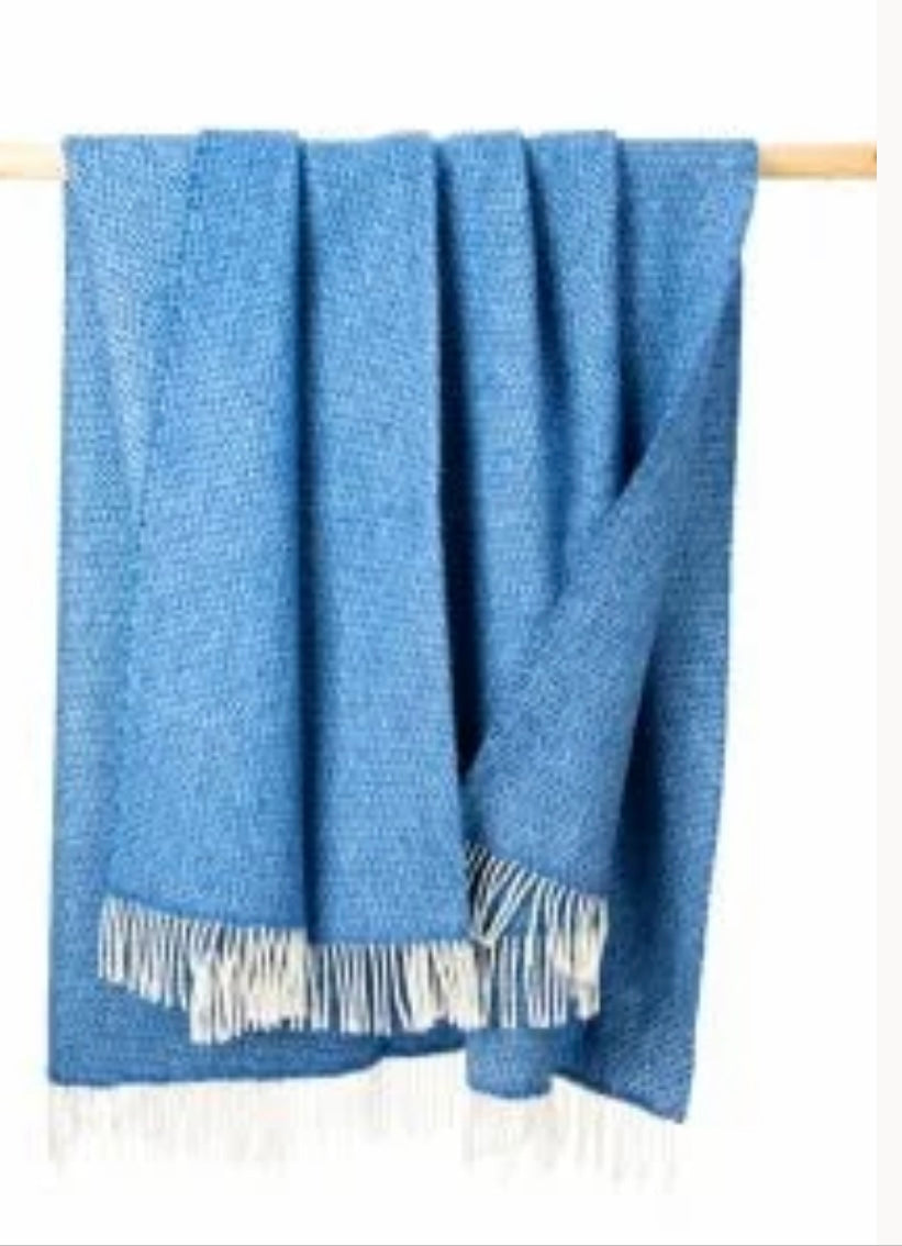 Merino Wool Cashmere Throw - Sea Blue Herringbone