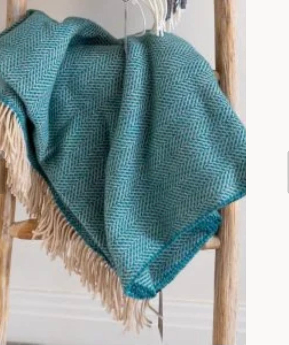 Merino Wool Cashmere Throw - Green Aqua Herringbone