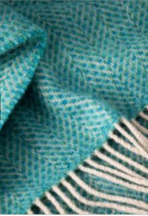 Merino Wool Cashmere Throw - Green Aqua Herringbone