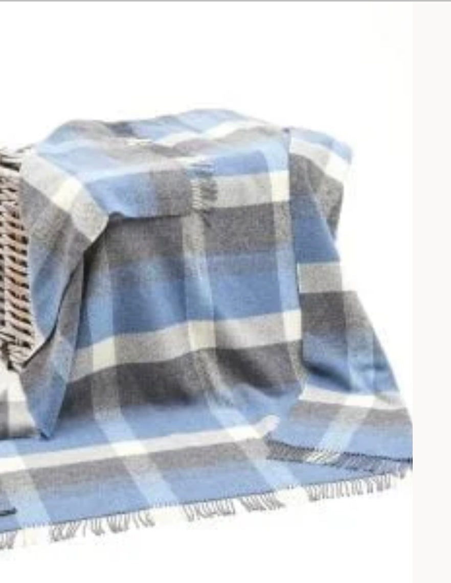 Merino Wool Cashmere Throw - Denim, Cream and Pale Grey Check