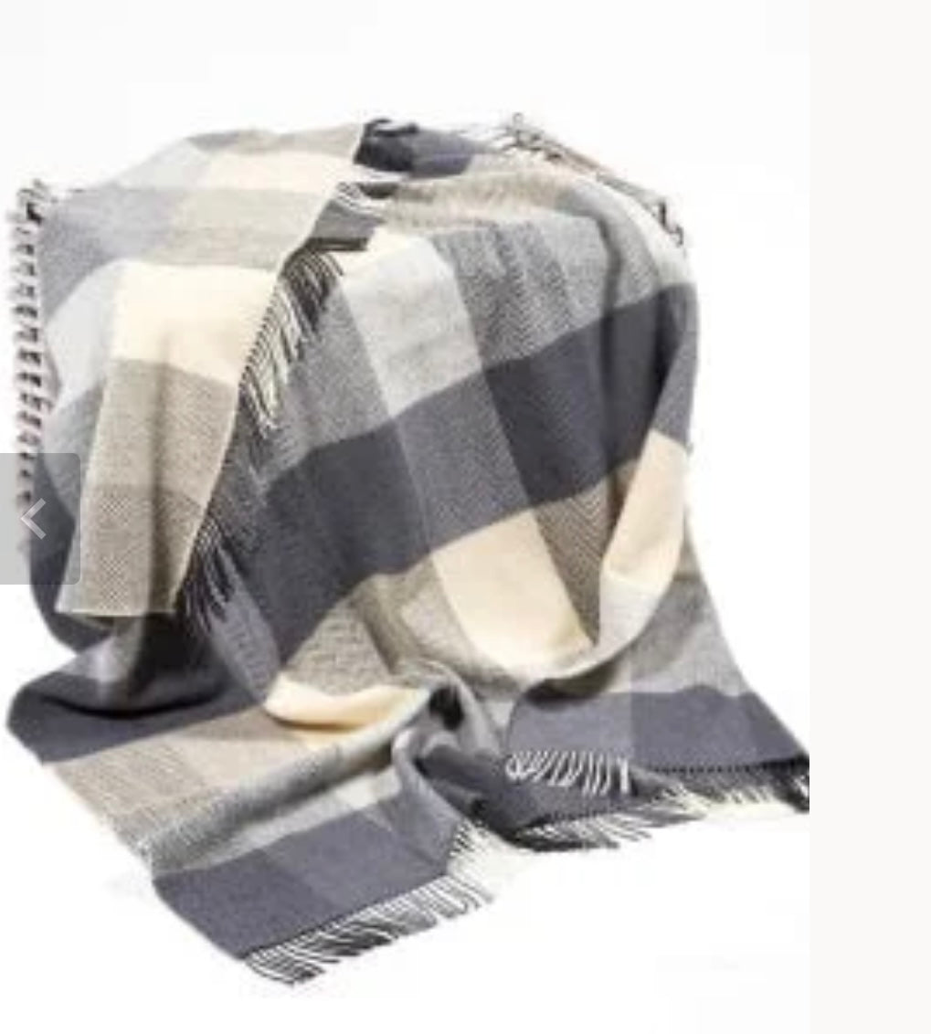 Merino Wool Cashmere Throw - Cream Grey Large Block Check