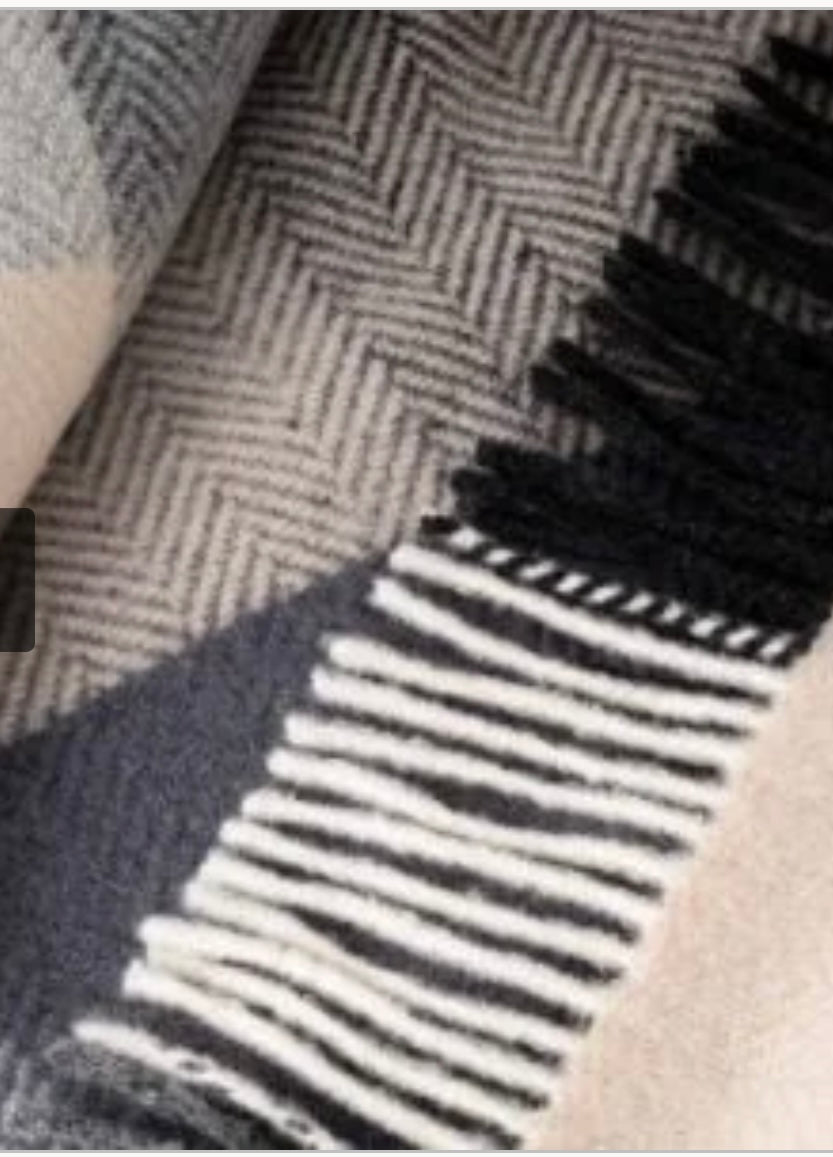 Merino Wool Cashmere Throw - Cream Grey Large Block Check