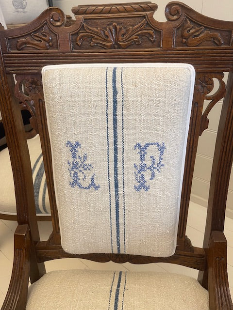 LF Monogrammed Antique Hungarian Grainsack Linen Victorian Chair