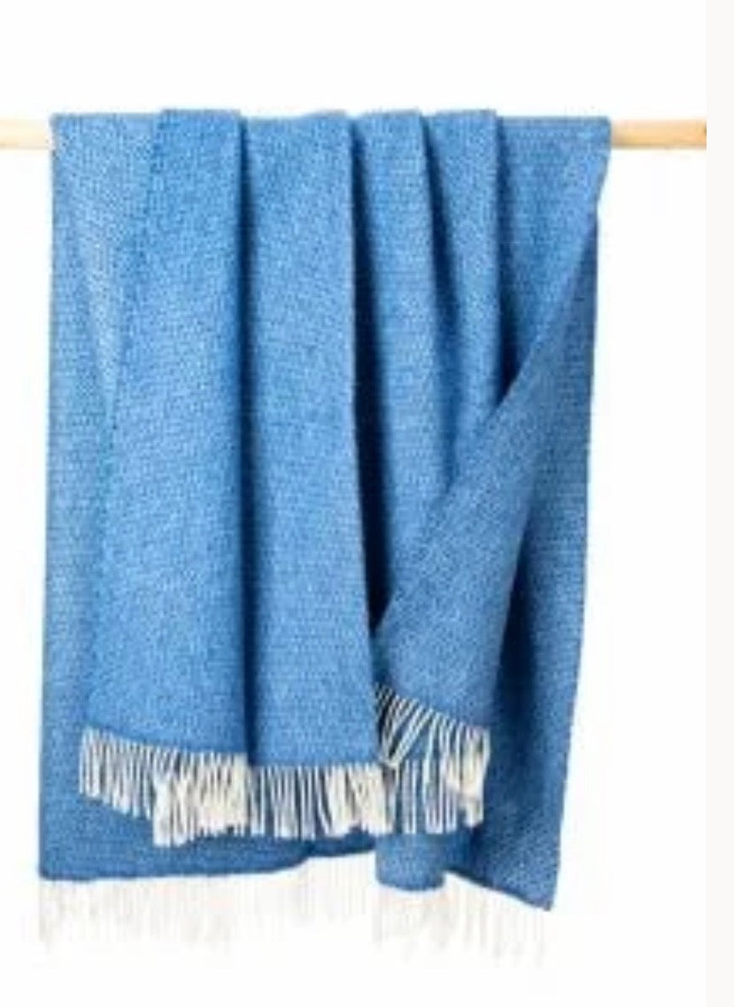 Merino Wool Cashmere Throw - Sea Blue Herringbone