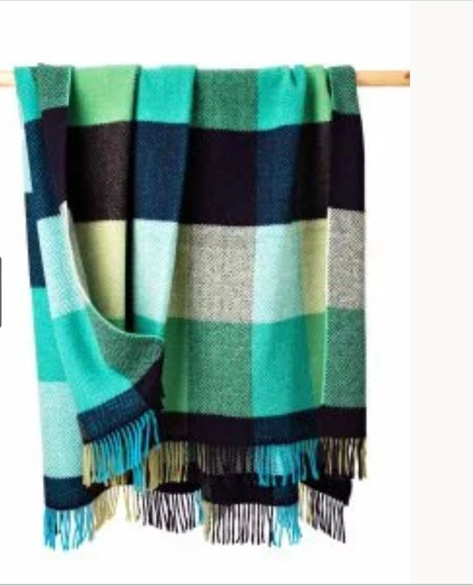 Merino Wool Cashmere Throw - Green Olive Navy Large Block