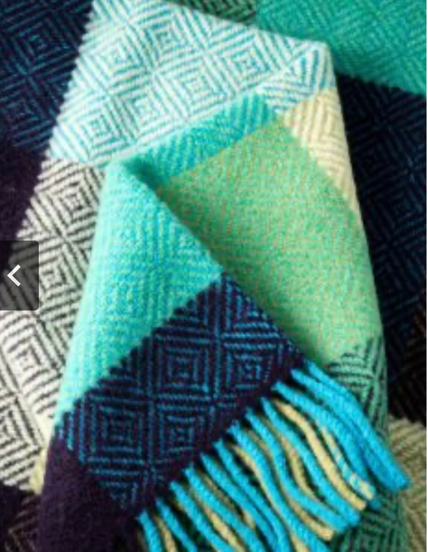 Merino Wool Cashmere Throw - Green Olive Navy Large Block