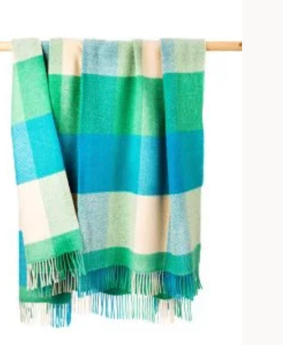 Merino Wool Cashmere Throw - Green Cream Aqua Large Block