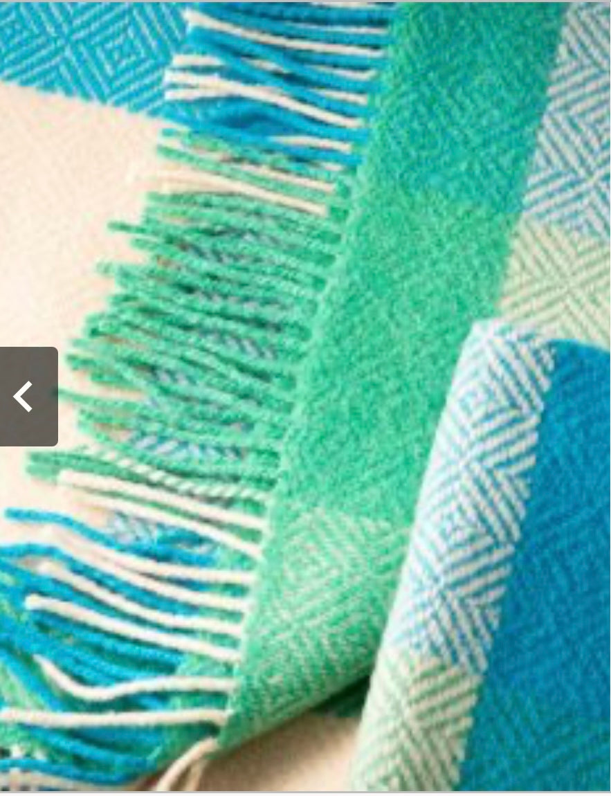 Merino Wool Cashmere Throw - Green Cream Aqua Large Block