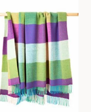 Merino Wool Cashmere Throw - Purple Green Olive Large Block