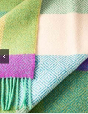 Merino Wool Cashmere Throw - Purple Green Olive Large Block