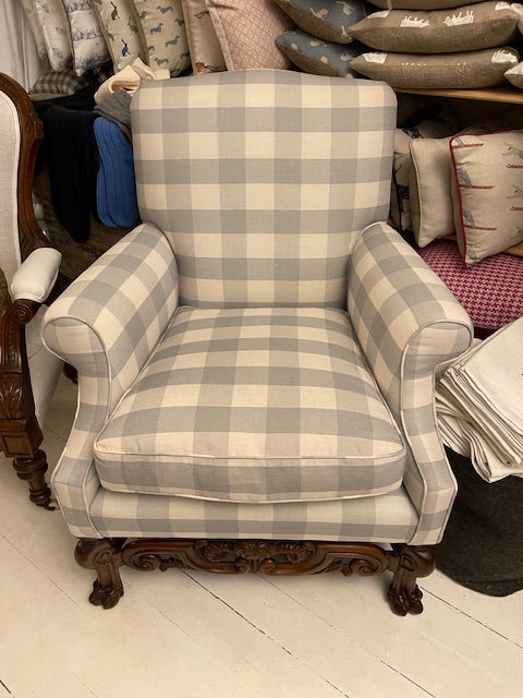 Pale Blue Gingham Antique Flemish Armchair