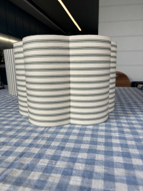English Linen Scalloped Lampshades - Sage Ticking Stripe