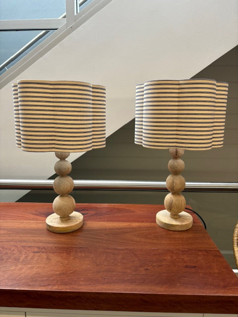 English Linen Scalloped Lampshades - Sage Ticking Stripe