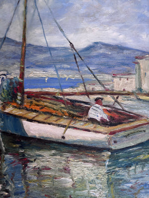 Vintage French Fishing Boats oil painting on canvas mounted on timber frame