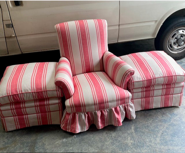 Antique Red Off-white English Linen Striped Armchairs (Pair)